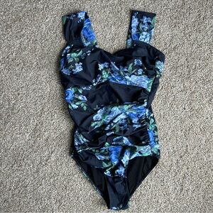 Albion Fit Blue Antigua Floral Off-The-Shoulder One-Piece Swimsuit